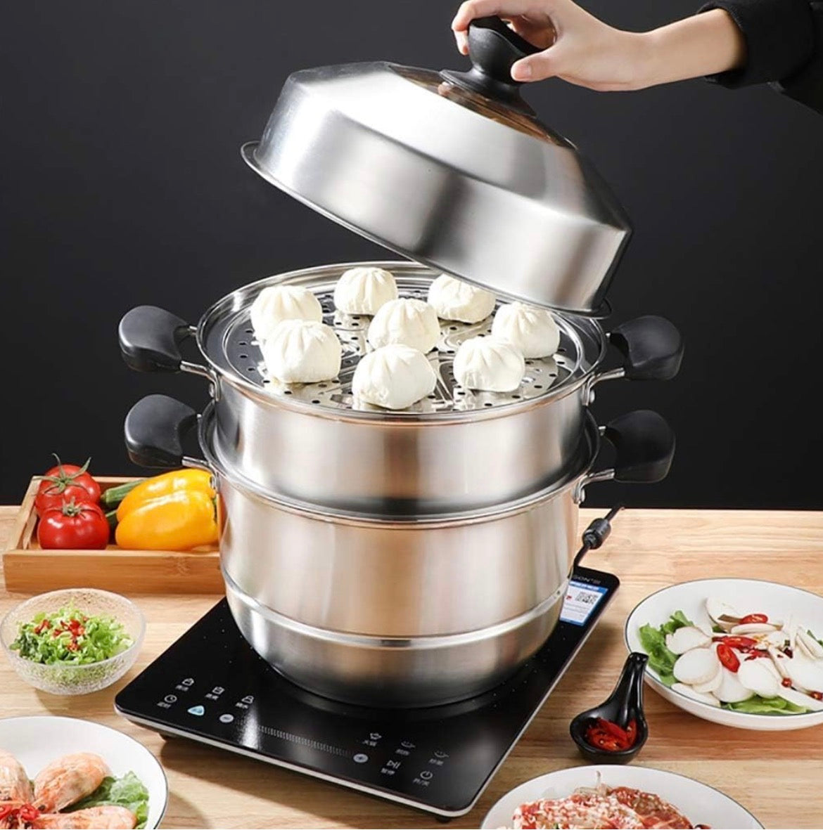 Autocuiseur Vapeur Jinzhen 34cm en Acier Inoxydable Épais - 2 Niveaux