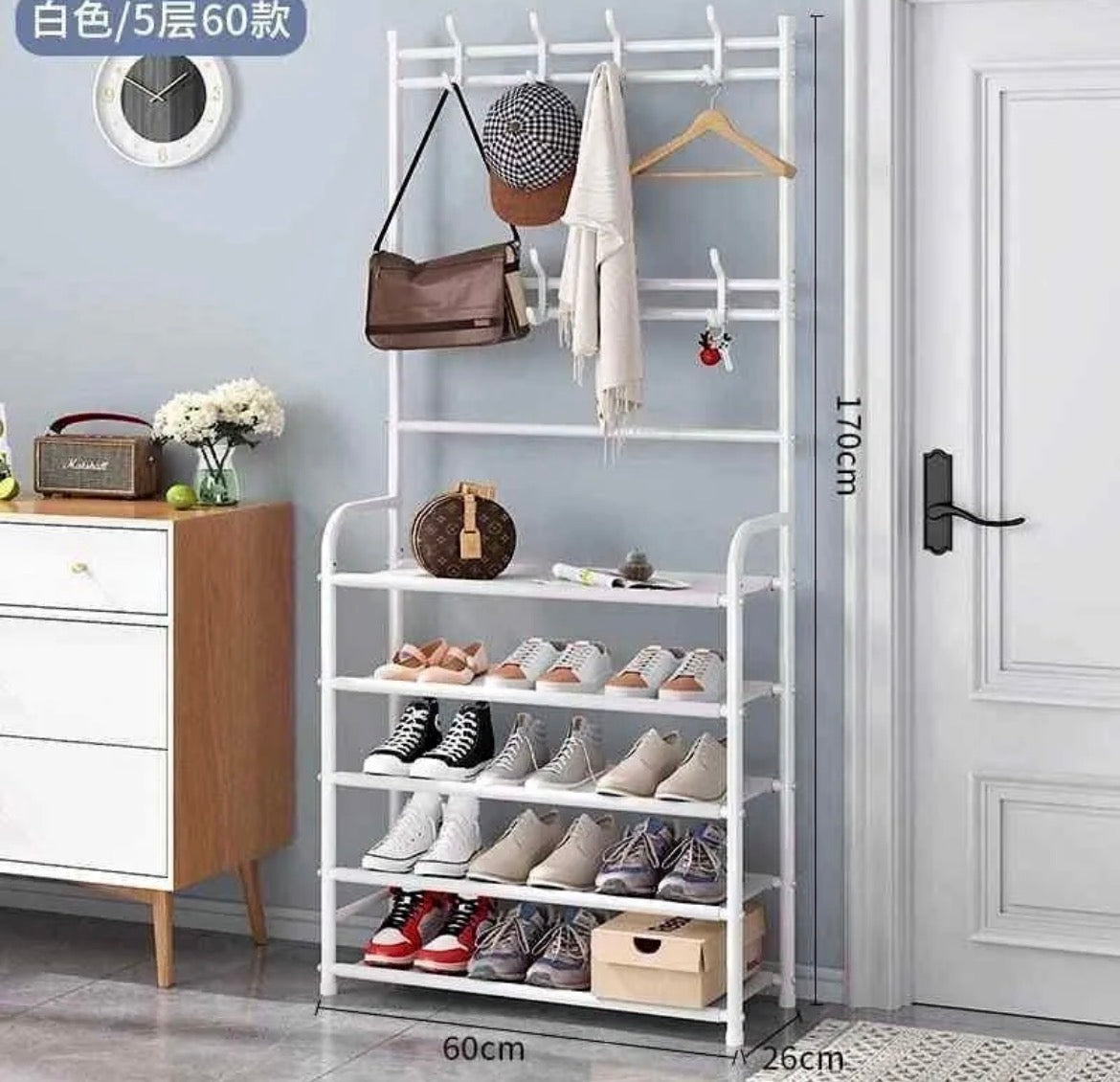 Porte-manteau et étagère à chaussures 5 niveaux - 60x29x170cm - Montage facile sans outils