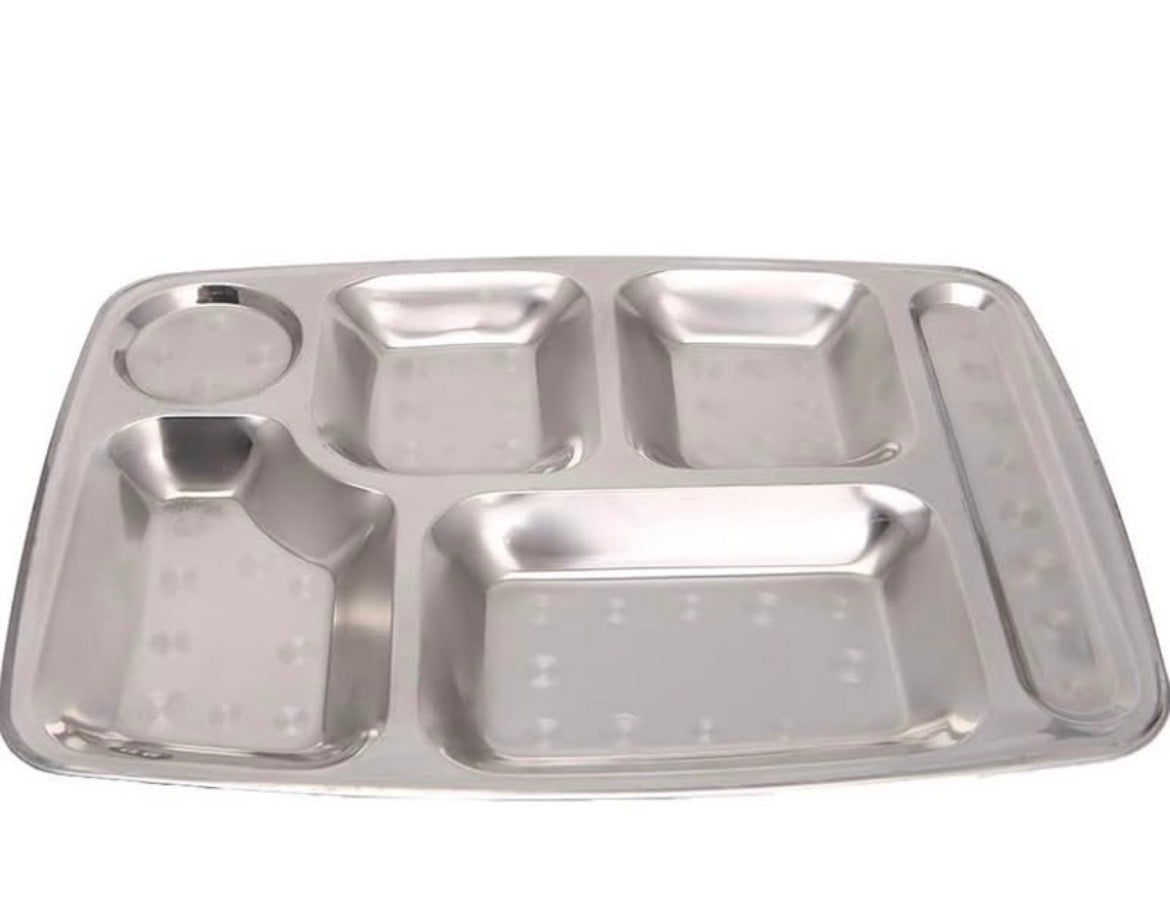 Plateau repas compartimenté en acier inoxydable - Style Cantine / Thali (Taille 6)