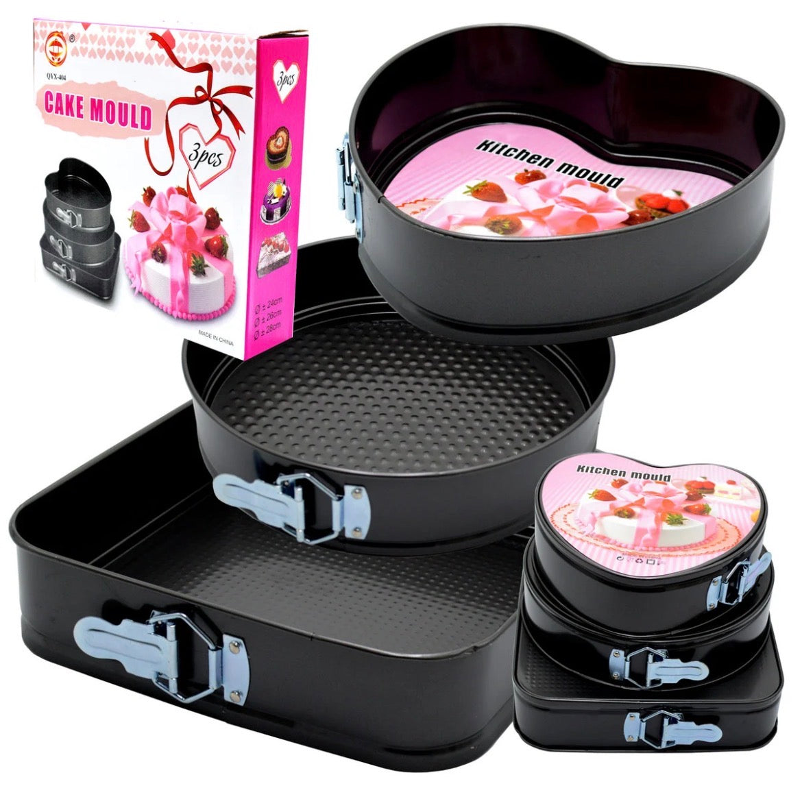 Set de 3 Moules à Gâteau Antiadhésifs (Cœur, Rond, Carré) - Tailles Mixtes 24/26/28cm