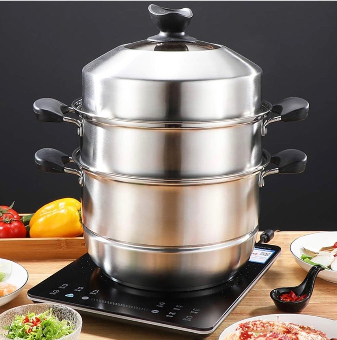 Autocuiseur Vapeur Jinzhen 34cm en Acier Inoxydable Épais - 2 Niveaux